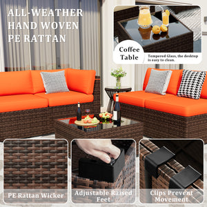 VONZOY 8 Pieces Outdoor Patio Furniture Set with 44" Fire Pit Table Rattan Sectional Conversation Sets w/Gas Fire Pit, Coffee Table, 2 Waterproof Covers, Orange