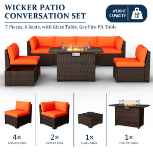 VONZOY 8 Pieces Outdoor Patio Furniture Set with 44" Fire Pit Table Rattan Sectional Conversation Sets w/Gas Fire Pit, Coffee Table, 2 Waterproof Covers, Orange