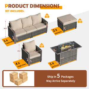 UDPATIO Patio Furniture Set with 44" Fire Pit Table, 8 Pieces Outdoor Sectional Conversation Sets, All-Weather Wicker Rattan Sofa Ottoman with 4" Thick Cushion for Garden Backyard Deck, Khaki