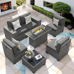 VONZOY 7 Piece Patio Furniture Set with Fire Pit Table