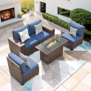 VONZOY 5 Piece Patio Furniture Set with Fire Pit Table, Outdoor Conversation Sets Brown Wicker Rattan Sectional Sofa