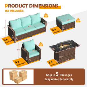 UDPATIO Patio Furniture Set with 44" Fire Pit Table, 8 Pieces Outdoor Sectional Conversation Sets, All-Weather Wicker Rattan Sofa Ottoman with 4" Thick Cushion for Garden Backyard Deck, Light Blue