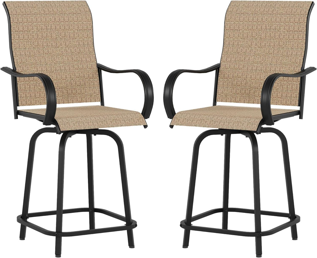 VONZOY Patio Swivel Bar Stools Set of 2 - Outdoor Bar Height Chairs with High Back and Armrest for Deck, Pool, Garden, Backyard - All-Weather Metal Frame Textilene Fabric, Brown