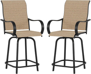 VONZOY Patio Swivel Bar Stools Set of 2 - Outdoor Bar Height Chairs with High Back and Armrest for Deck, Pool, Garden, Backyard - All-Weather Metal Frame Textilene Fabric, Brown