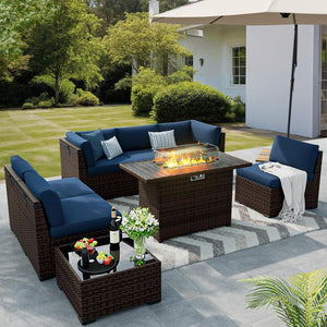 VONZOY 8 Pieces Outdoor Patio Furniture Set with 44" Fire Pit Table Rattan Sectional Conversation Sets w/Gas Fire Pit, Coffee Table, 2 Waterproof Covers, Navy Blue