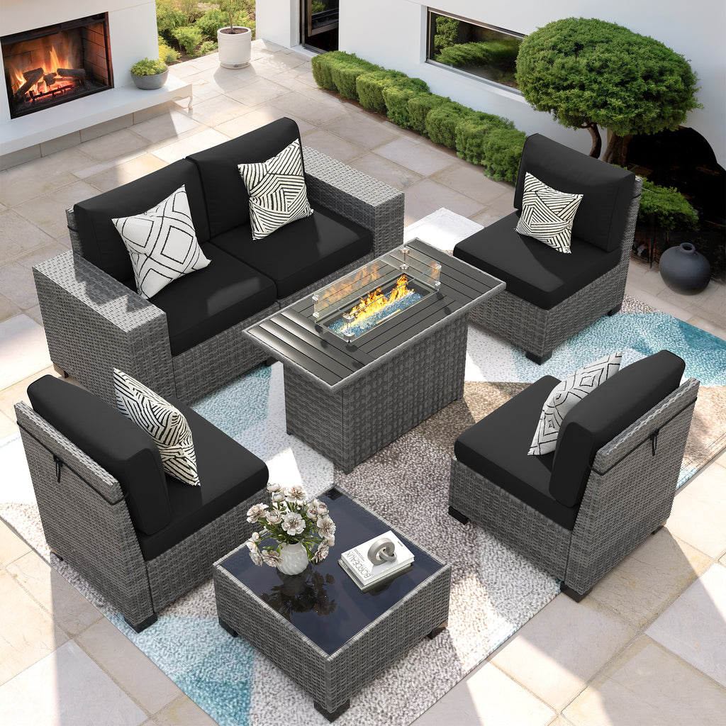 VONZOY 7 Piece Patio Furniture Set with Fire Pit Table