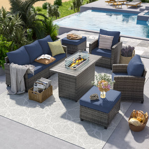 UDPATIO Outdoor Patio Furniture Set with 44" Fire Pit Table, 6 Pieces Sectional Conversation Sets, All-Weather Wicker Rattan Sofa Ottoman with 4" Thick Cushion for Garden Backyard Deck, Navy Blue