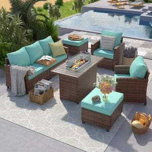 UDPATIO Outdoor Patio Furniture Set with 44" Fire Pit Table, 6 Pieces Sectional Conversation Sets, All-Weather Wicker Rattan Sofa Ottoman with 4" Thick Cushion for Garden Backyard Deck, Light Blue