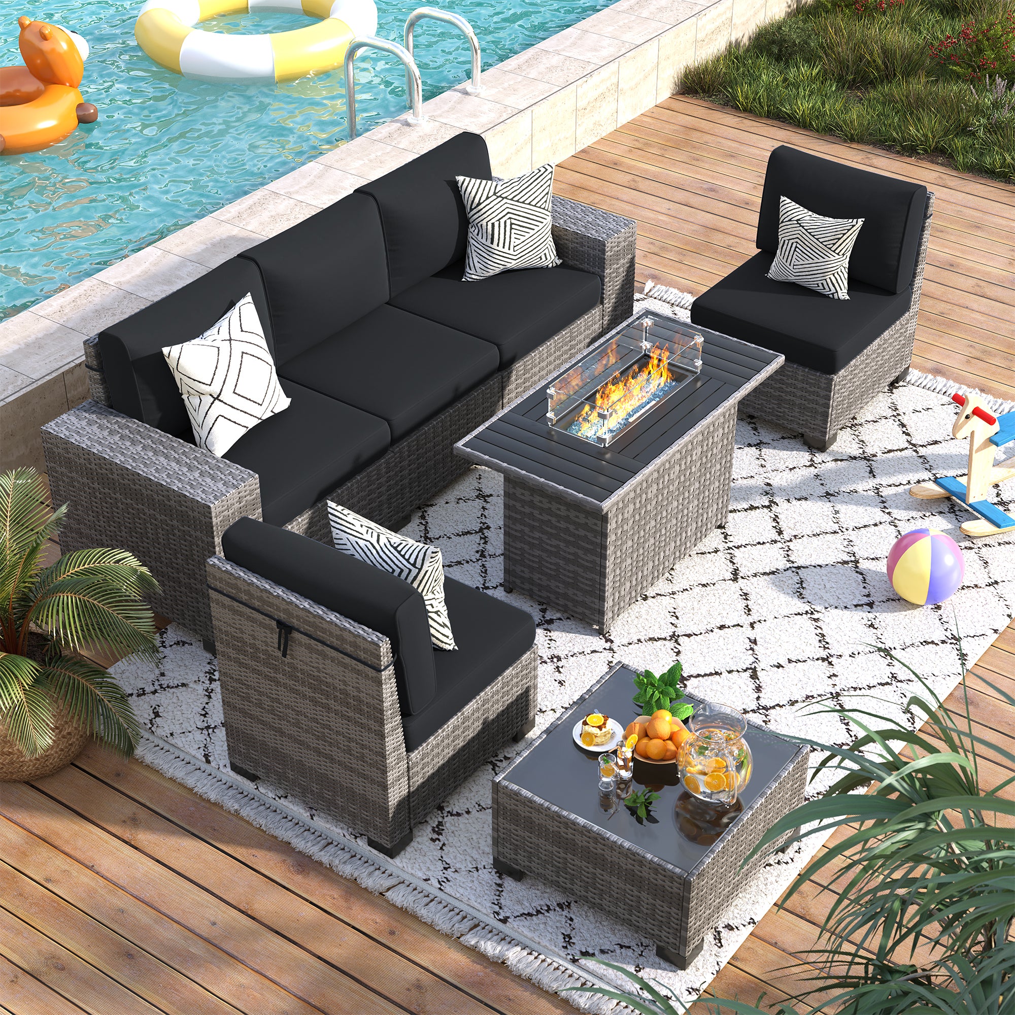 VONZOY 7 Piece Patio Furniture Set with Fire Pit Table