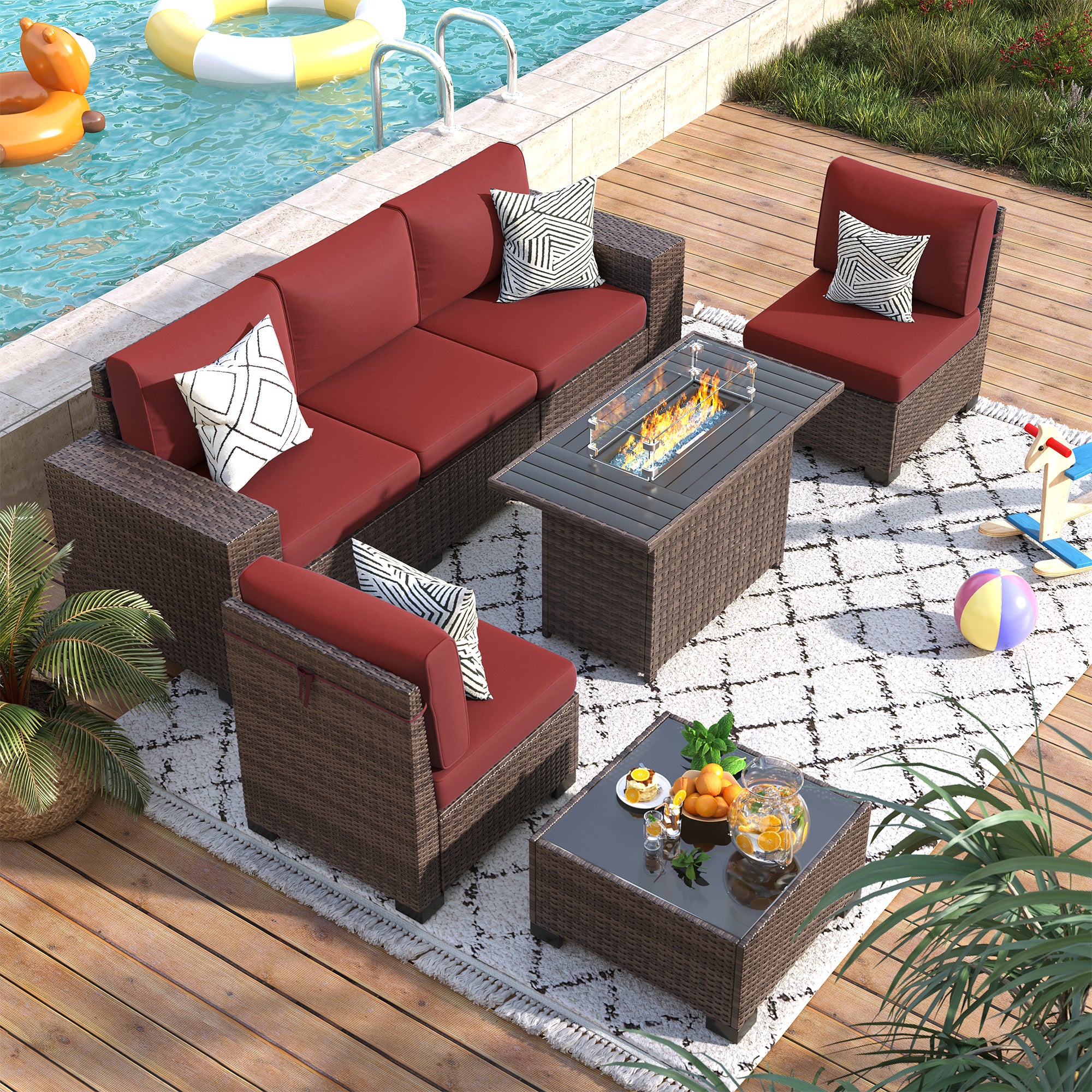 VONZOY 7 Piece Patio Furniture Set with Fire Pit Table