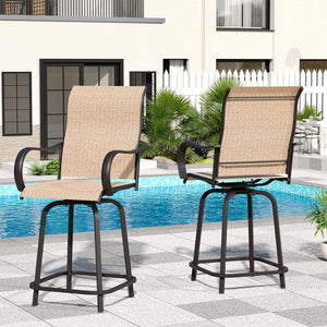 VONZOY Patio Swivel Bar Stools Set of 2 - Outdoor Bar Height Chairs with High Back and Armrest for Deck, Pool, Garden, Backyard - All-Weather Metal Frame Textilene Fabric, Brown