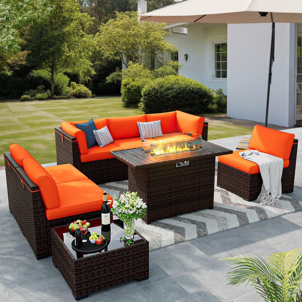 VONZOY 8 Pieces Outdoor Patio Furniture Set with 44" Fire Pit Table Rattan Sectional Conversation Sets w/Gas Fire Pit, Coffee Table, 2 Waterproof Covers, Orange