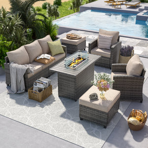 UDPATIO Patio Furniture Set with 44" Fire Pit Table, 6 Pieces Outdoor Sectional Conversation Sets, All-Weather Wicker Rattan Sofa Ottoman with 4" Thick Cushion for Garden Backyard Deck, Khaki