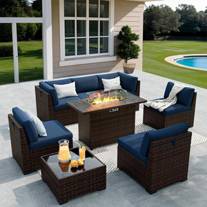 VONZOY 8 Pieces Outdoor Patio Furniture Set with 44" Fire Pit Table Rattan Sectional Conversation Sets w/Gas Fire Pit, Coffee Table, 2 Waterproof Covers, Navy Blue