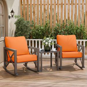 VONZOY Rocking Bistro Set, 3 Piece Outdoor Patio Furniture Set with 2 Rockers and 1 Metal Coffee Table, Rattan Conversation Sets with Thick Cushions for Backyard, Porch, Poolside (Orange)