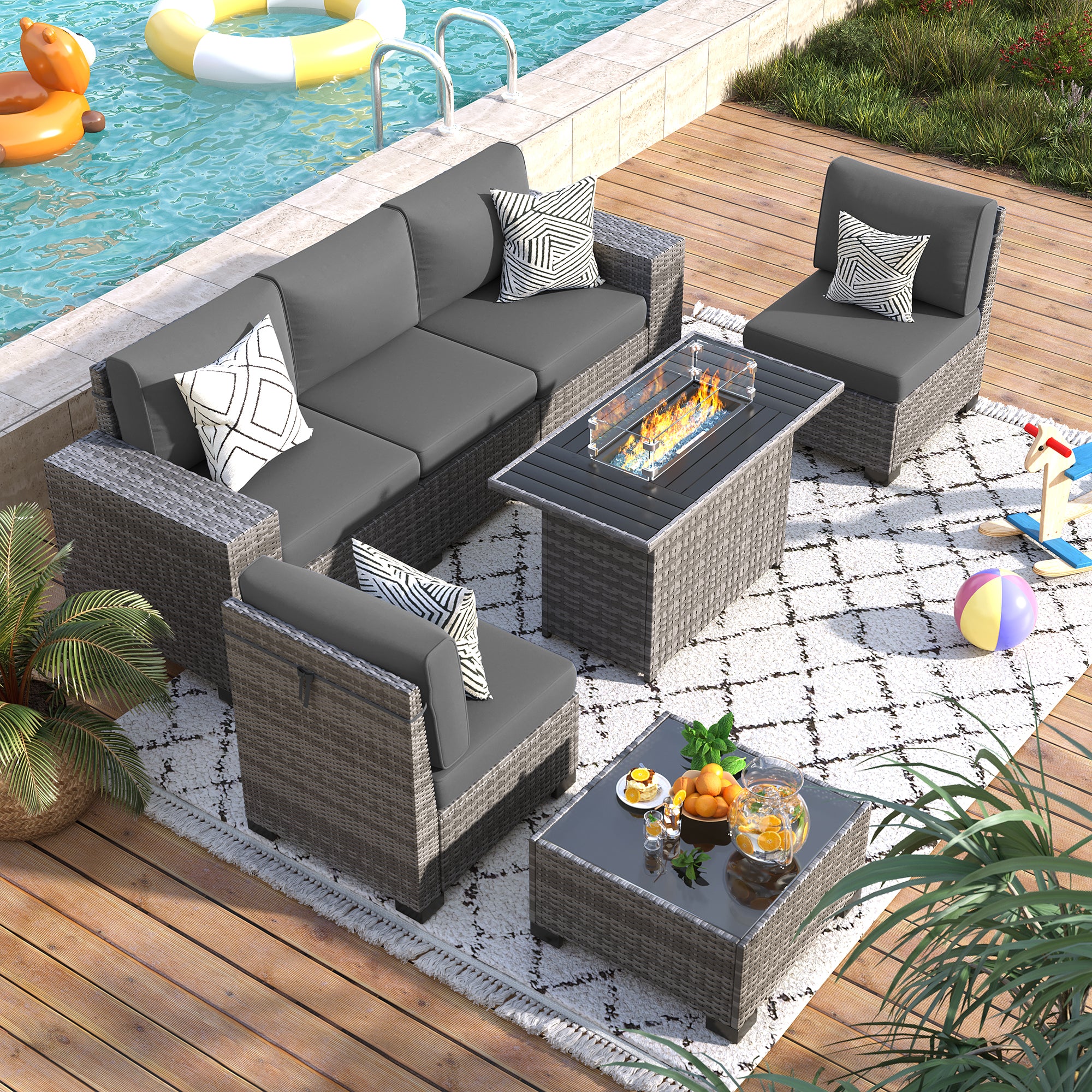 VONZOY 7 Piece Patio Furniture Set with Fire Pit Table