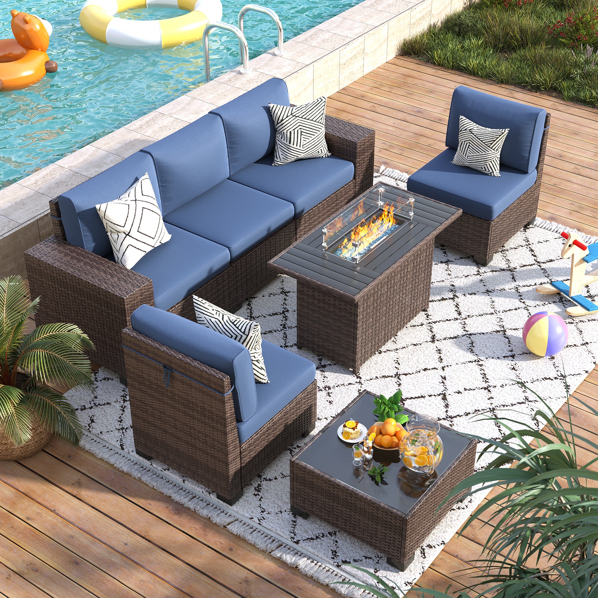 VONZOY 7 Piece Patio Furniture Set with Fire Pit Table