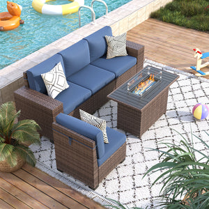 VONZOY 5 Piece Patio Furniture Set with Fire Pit Table, Outdoor Conversation Sets Brown Wicker Rattan Sectional Sofa