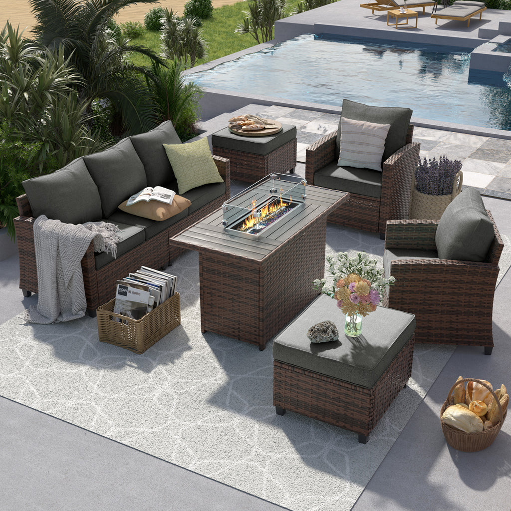 UDPATIO Outdoor Patio Furniture Set with 44" Fire Pit Table, 6 Pieces Sectional Conversation Sets, All-Weather Wicker Rattan Sofa Ottoman with 4" Thick Cushion for Garden Backyard Deck, Dark Grey