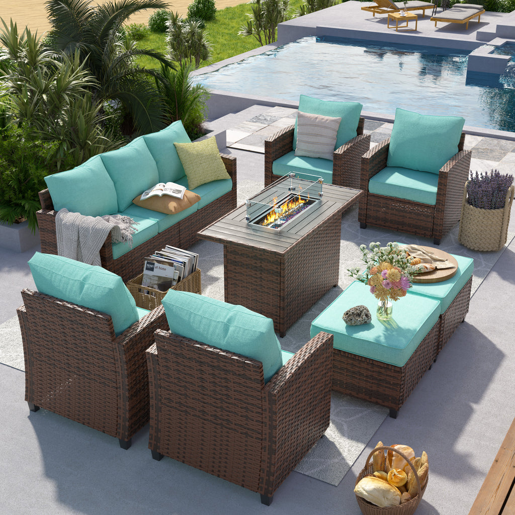 UDPATIO Patio Furniture Set with 44" Fire Pit Table, 8 Pieces Outdoor Sectional Conversation Sets, All-Weather Wicker Rattan Sofa Ottoman with 4" Thick Cushion for Garden Backyard Deck, Light Blue