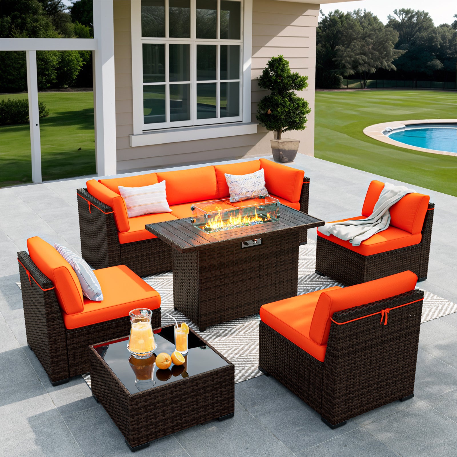 VONZOY 8 Pieces Outdoor Patio Furniture Set with 44" Fire Pit Table Rattan Sectional Conversation Sets w/Gas Fire Pit, Coffee Table, 2 Waterproof Covers, Orange