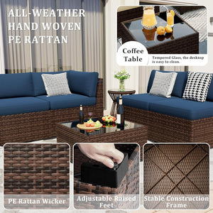 VONZOY 8 Pieces Outdoor Patio Furniture Set with 44" Fire Pit Table Rattan Sectional Conversation Sets w/Gas Fire Pit, Coffee Table, 2 Waterproof Covers, Navy Blue