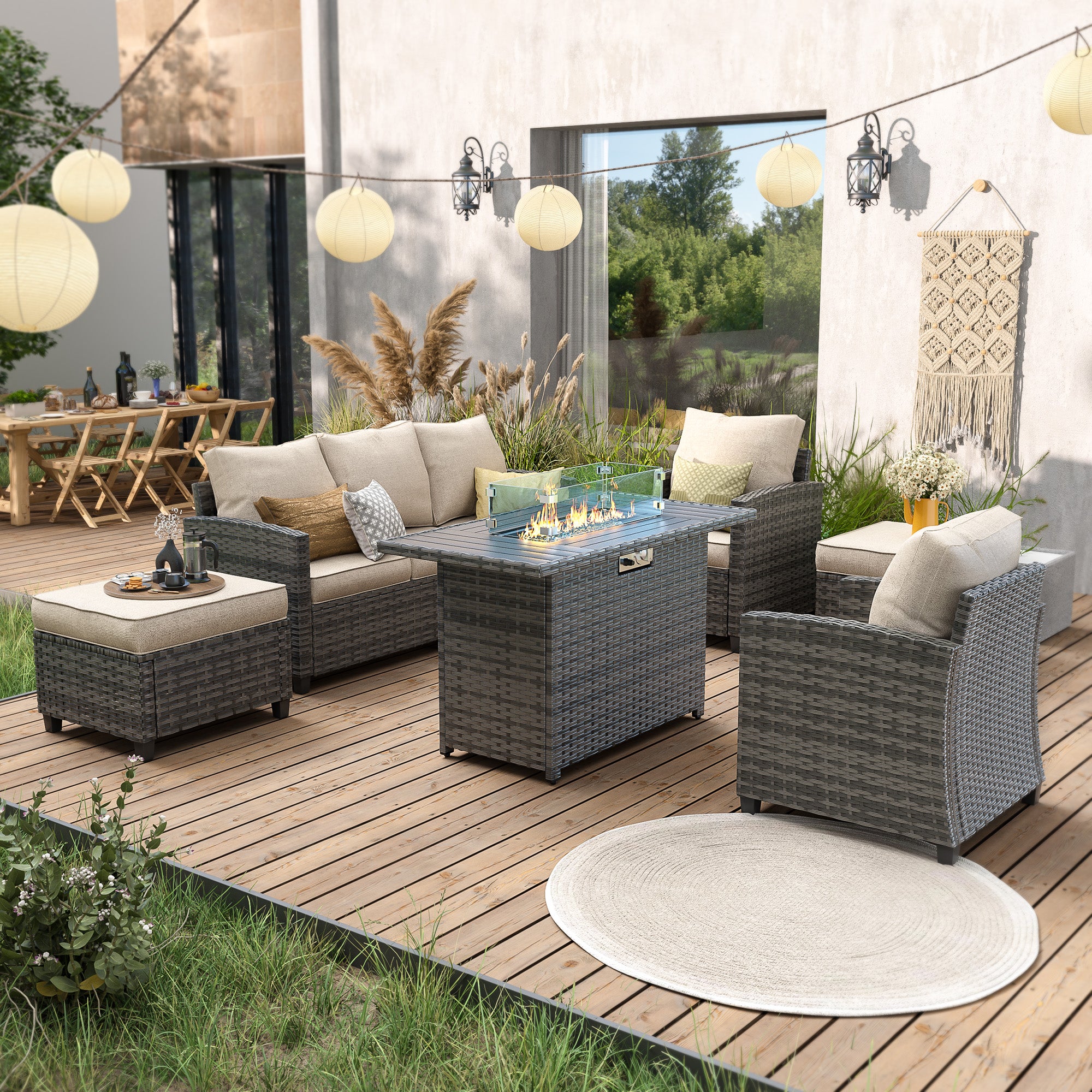 UDPATIO Patio Furniture Set with 44" Fire Pit Table, 6 Pieces Outdoor Sectional Conversation Sets, All-Weather Wicker Rattan Sofa Ottoman with 4" Thick Cushion for Garden Backyard Deck, Khaki