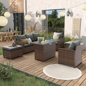 UDPATIO Outdoor Patio Furniture Set with 44" Fire Pit Table, 6 Pieces Sectional Conversation Sets, All-Weather Wicker Rattan Sofa Ottoman with 4" Thick Cushion for Garden Backyard Deck, Dark Grey