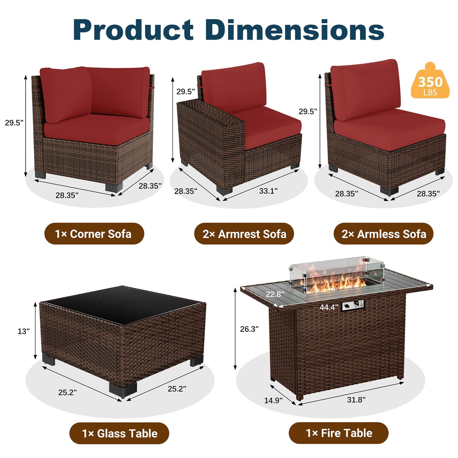 VONZOY 7 Piece Patio Furniture Set with Fire Pit Table