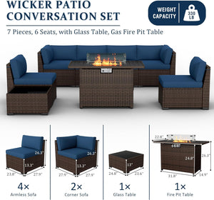 VONZOY 8 Pieces Outdoor Patio Furniture Set with 44" Fire Pit Table Rattan Sectional Conversation Sets w/Gas Fire Pit, Coffee Table, 2 Waterproof Covers, Navy Blue