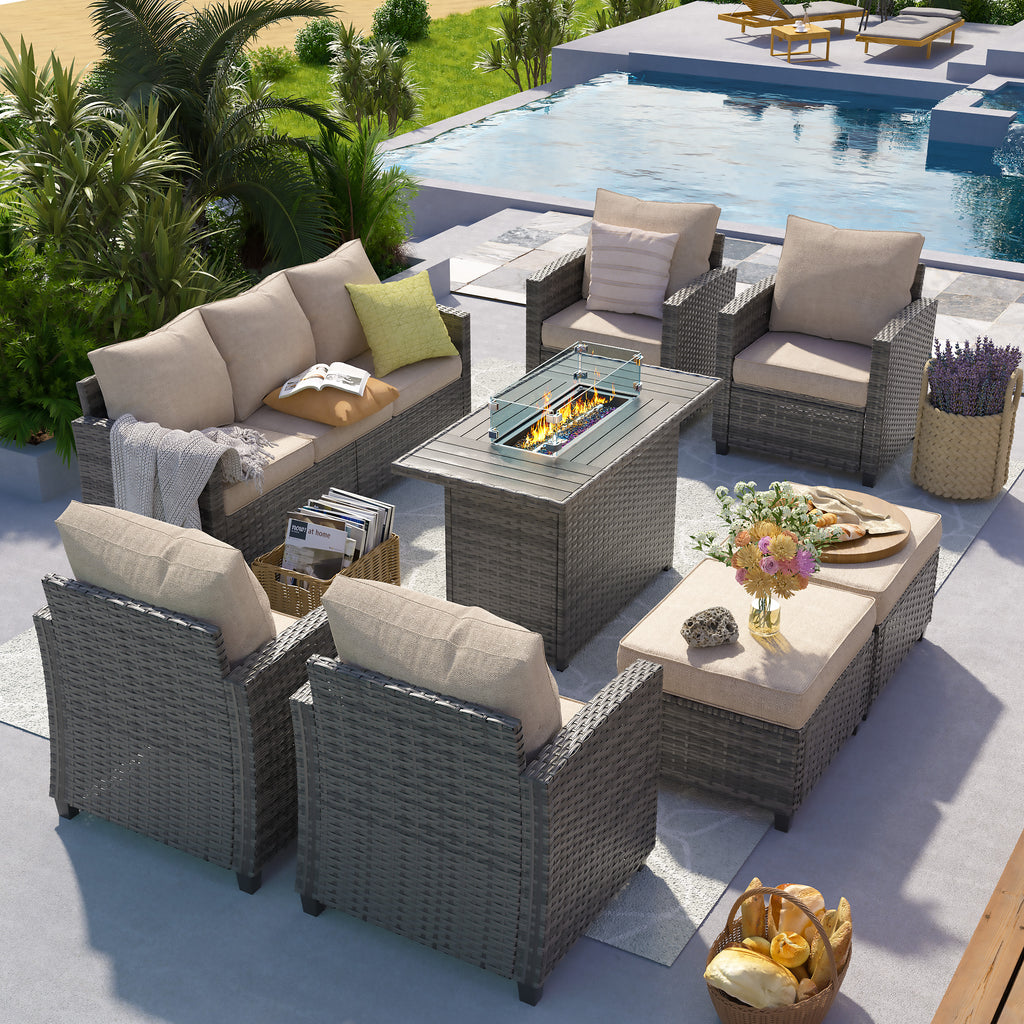 UDPATIO Patio Furniture Set with 44" Fire Pit Table, 8 Pieces Outdoor Sectional Conversation Sets, All-Weather Wicker Rattan Sofa Ottoman with 4" Thick Cushion for Garden Backyard Deck, Khaki