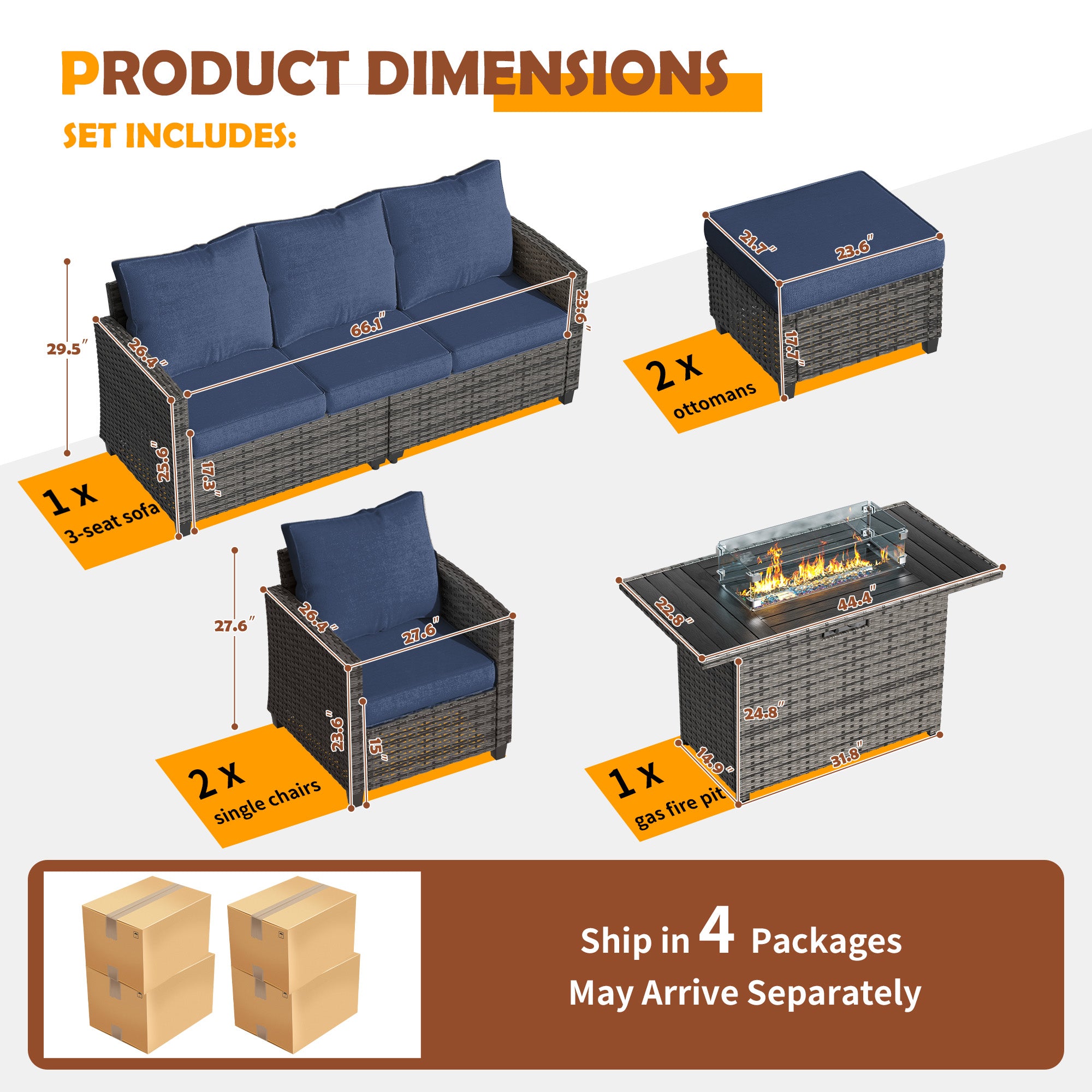 UDPATIO Outdoor Patio Furniture Set with 44" Fire Pit Table, 6 Pieces Sectional Conversation Sets, All-Weather Wicker Rattan Sofa Ottoman with 4" Thick Cushion for Garden Backyard Deck, Navy Blue