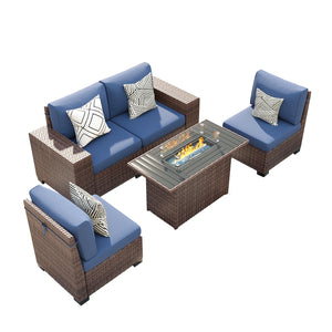 VONZOY 5 Piece Patio Furniture Set with Fire Pit Table, Outdoor Conversation Sets Brown Wicker Rattan Sectional Sofa